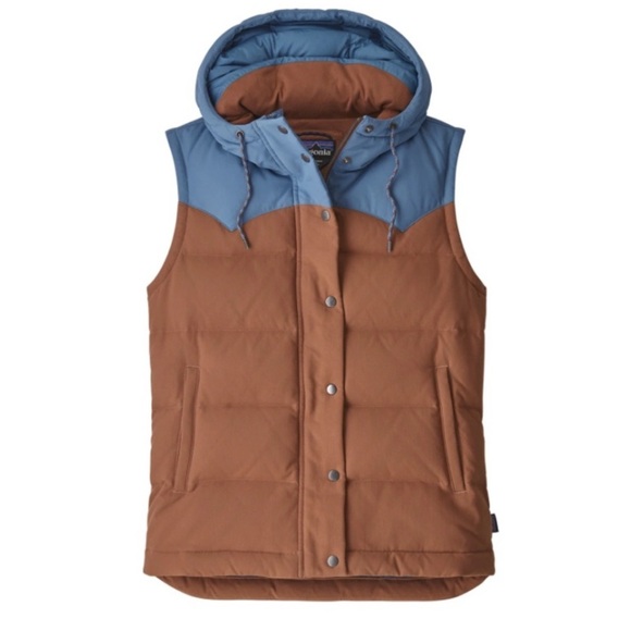 Patagonia Bivy Hooded Puffer Vest/Brown & Blue/ Snap and Zip Front/600 fill Down - Picture 2 of 7